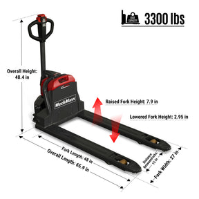 Lithium Full Electric Pallet Jack Truck 3300lbs Capacity 48'' x 27'' Fork, LPT33