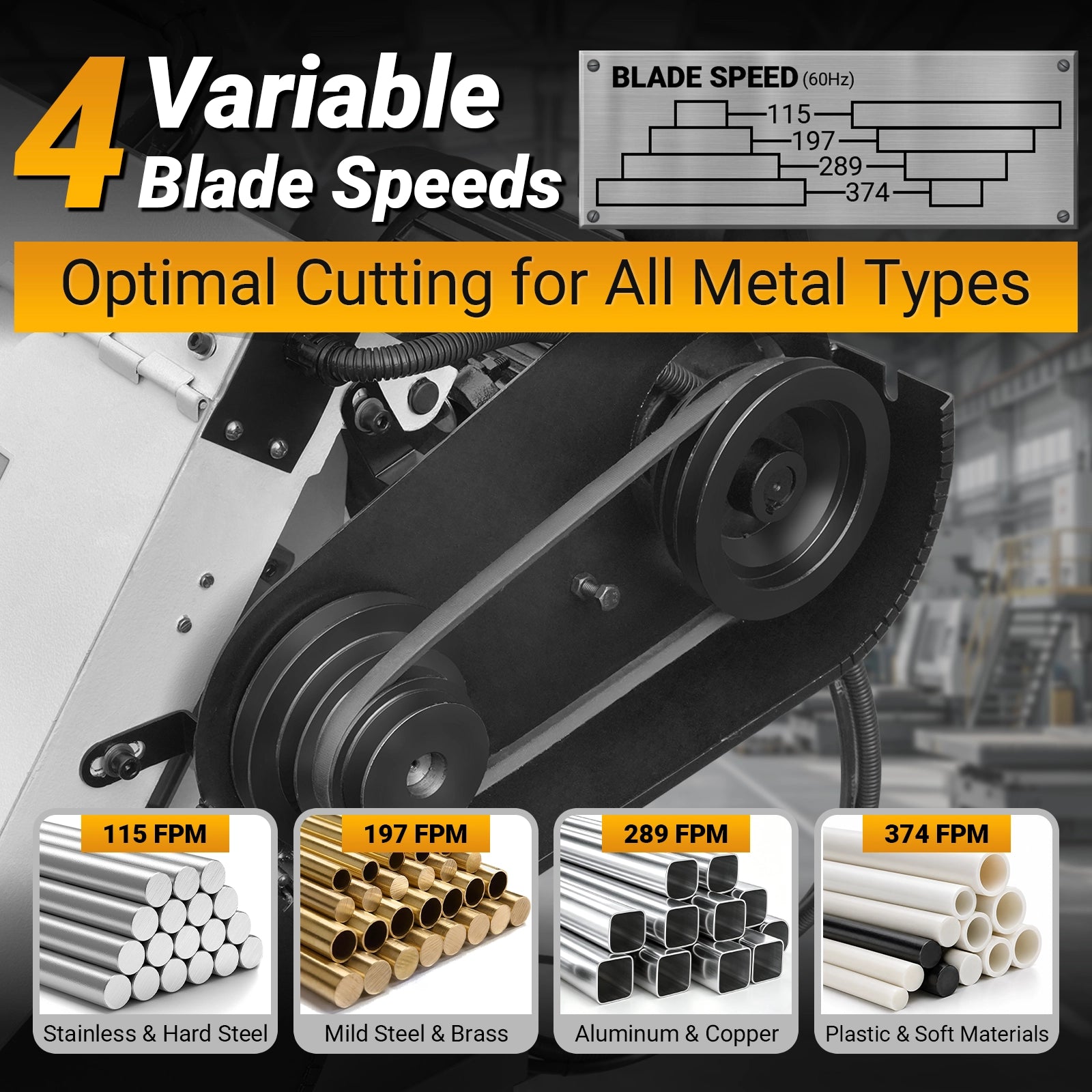 Metal Cutting Band Saw, 10" Round / 18"x5" Rectangular Capacity, 2HP 1.5kW Motor, 4-Speed (35-114 MPM), Horizontal Bandsaw with 0-45° Swivel, Hydraulic Downfeed, 230V 1PH 60Hz, Industrial Grade for Steel, Aluminum & Alloys BS-1018B