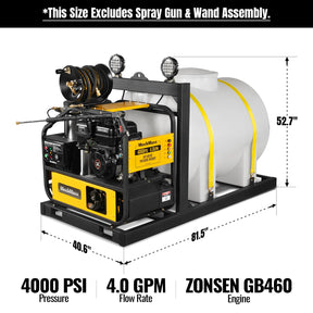 4000 PSI 4 GPM 15 HP ZONSEN E-Start Gas Engine Hot Water Pressure Washer Skid Mounted with 245 Gal Tank, HPW40DBT