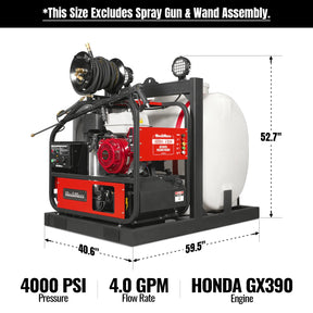 4000 PSI 4 GPM HONDA E-Start Engine Hot Water Pressure Washer Skid Mounted with 175 Gal Tank, HPW40HT