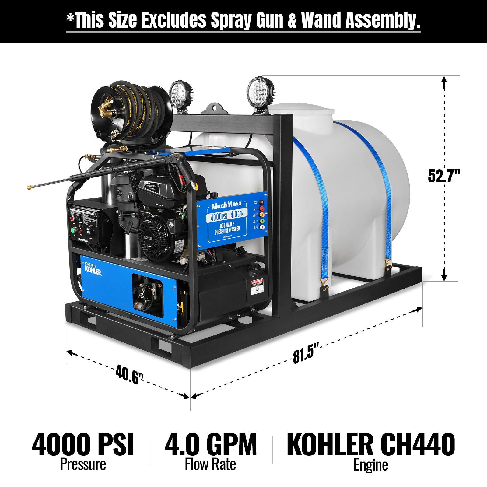 4000 PSI 4 GPM KOHLER E-Start Engine Hot Water Pressure Washer Skid Mounted with 245 Gal Tank, HPW40KBT