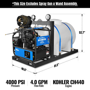 4000 PSI 4 GPM KOHLER E-Start Engine Hot Water Pressure Washer Skid Mounted with 245 Gal Tank, HPW40KBT