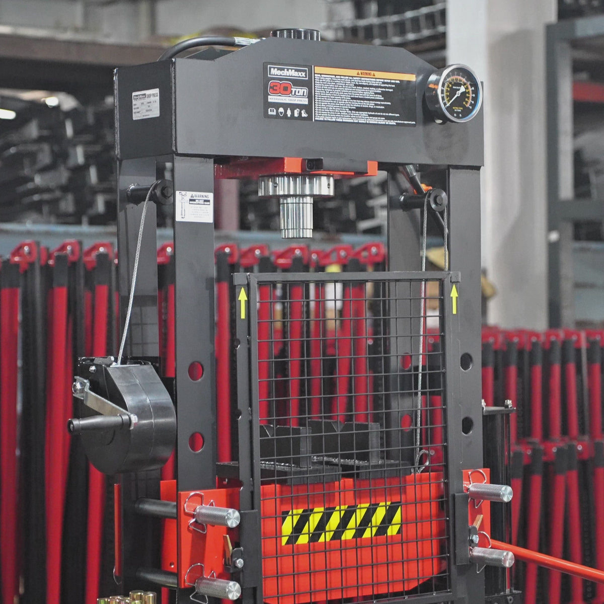 30 Ton H-Frame Air/Hydraulic Shop Press with Hand Winch & Press Pin Kit,  Fully Welded Steel Frame,  Safety Guard,  Foot Pedal Control,  HSP30
