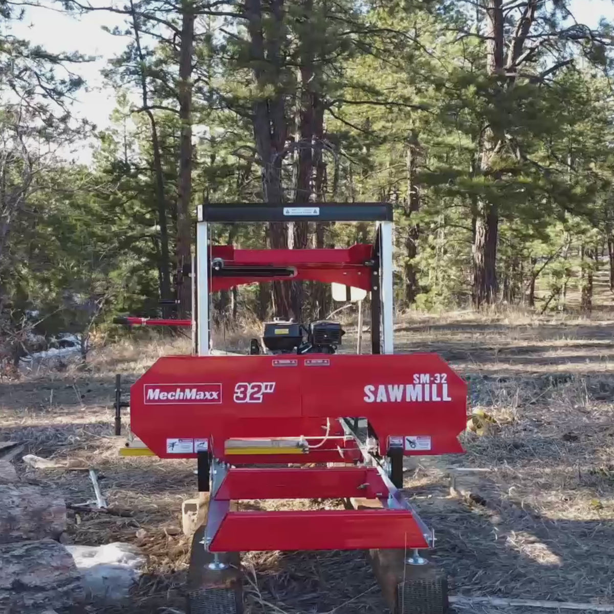 32" Portable Sawmill (5 x Blades Included),  420cc 15HP E-Start Gasoline Engine,  26.5" Board Width,  20' Track Length (13' Track Length + 6.4' Track Extension Included) ,  SM-32