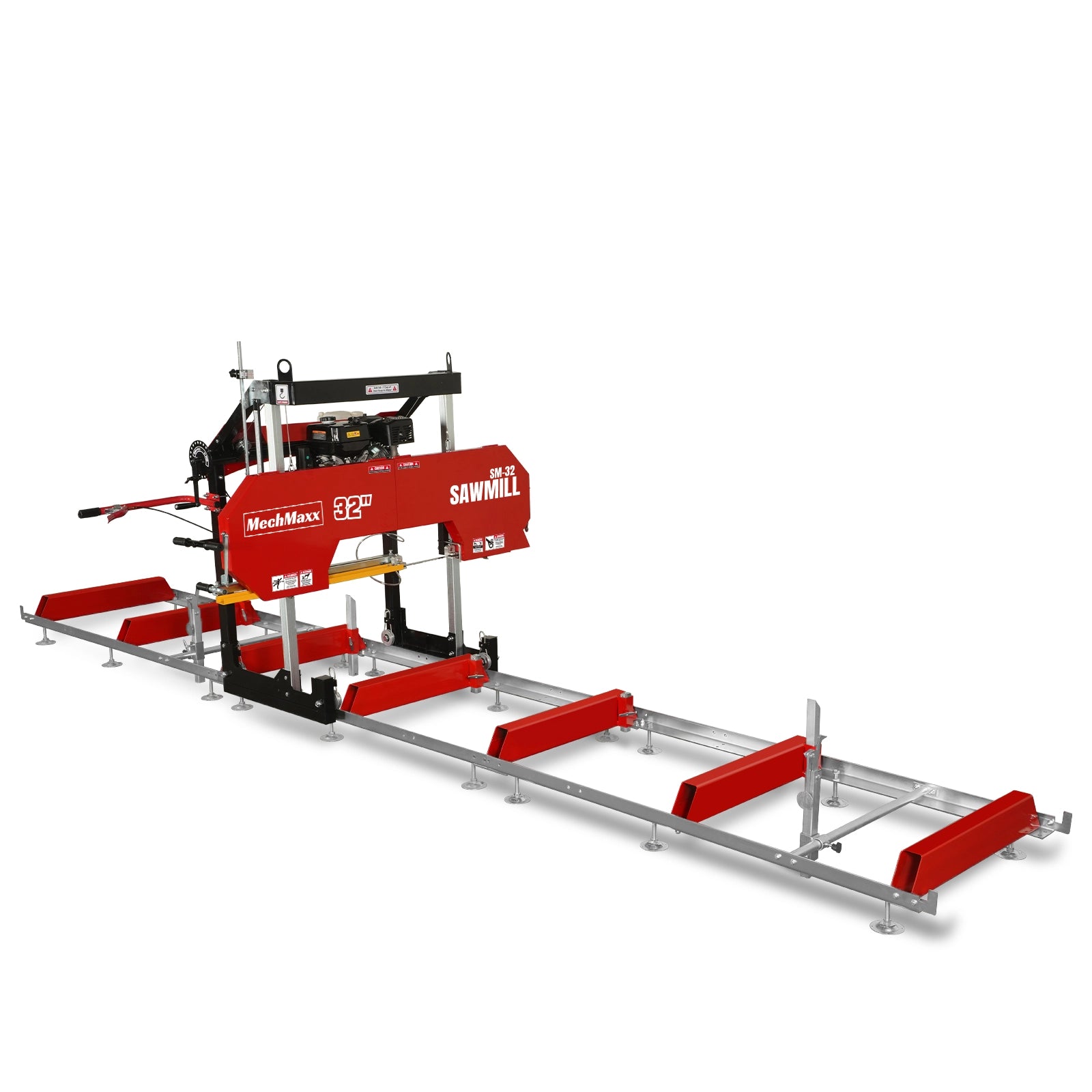 32" Portable Sawmill (5 x Blades Included), 459cc 15HP E-Start Gasoline Engine, 26.5" Board Width, 20' Track Length (13' Track Length + 6.4' Track Extension Included) , SM-32