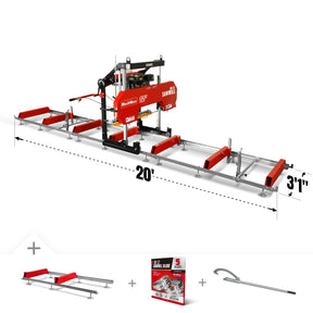 32" Portable Sawmill (5 x Blades Included), 459cc 15HP E-Start Gasoline Engine, 26.5" Board Width, 20' Track Length (13' Track Length + 6.4' Track Extension Included) , SM-32