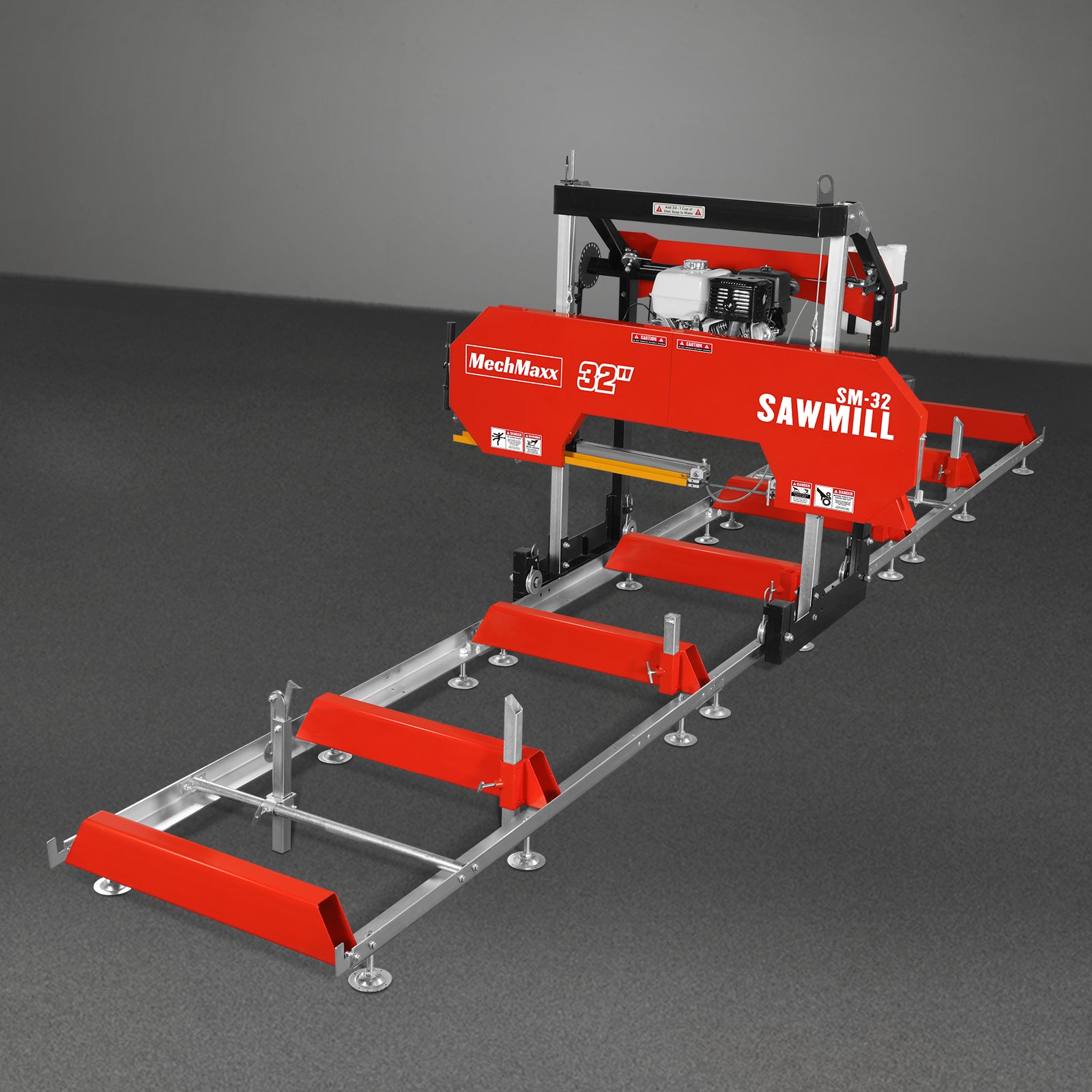 32" Portable Sawmill (5 x Blades Included), HONDA GX390 389cc E-Start Gasoline Engine, 26.5" Board Width, 20' Track Length (13' Track Length + 6.4' Track Extension Included) , SM-32