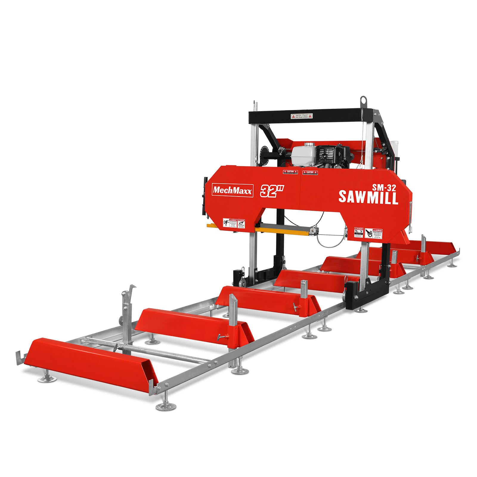 32" Portable Sawmill (5 x Blades Included), HONDA GX390 389cc E-Start Gasoline Engine, 26.5" Board Width, 20' Track Length (13' Track Length + 6.4' Track Extension Included) , SM-32
