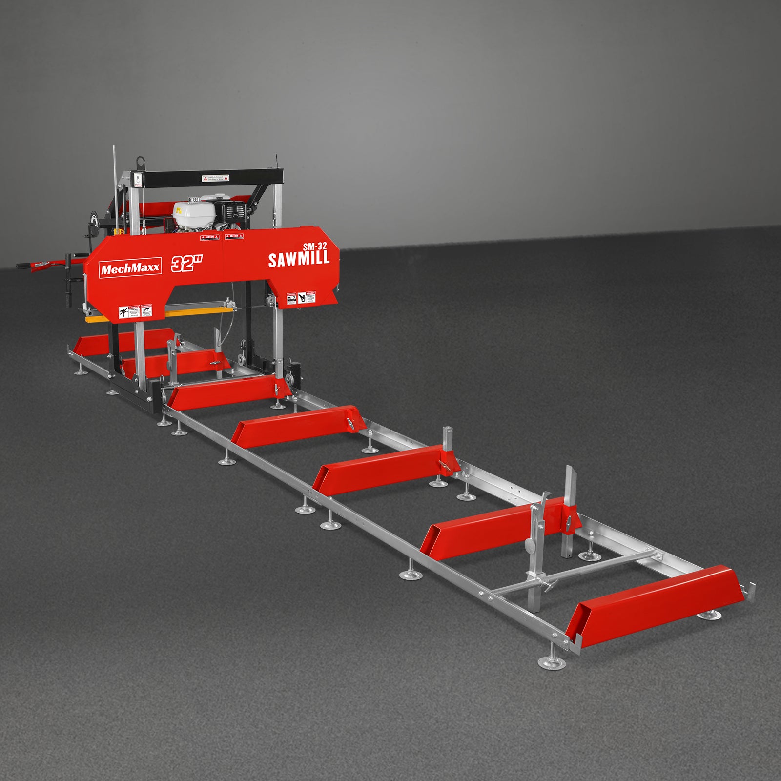 32" Portable Sawmill (5 x Blades Included), HONDA GX390 389cc E-Start Gasoline Engine, 26.5" Board Width, 20' Track Length (13' Track Length + 6.4' Track Extension Included) , SM-32