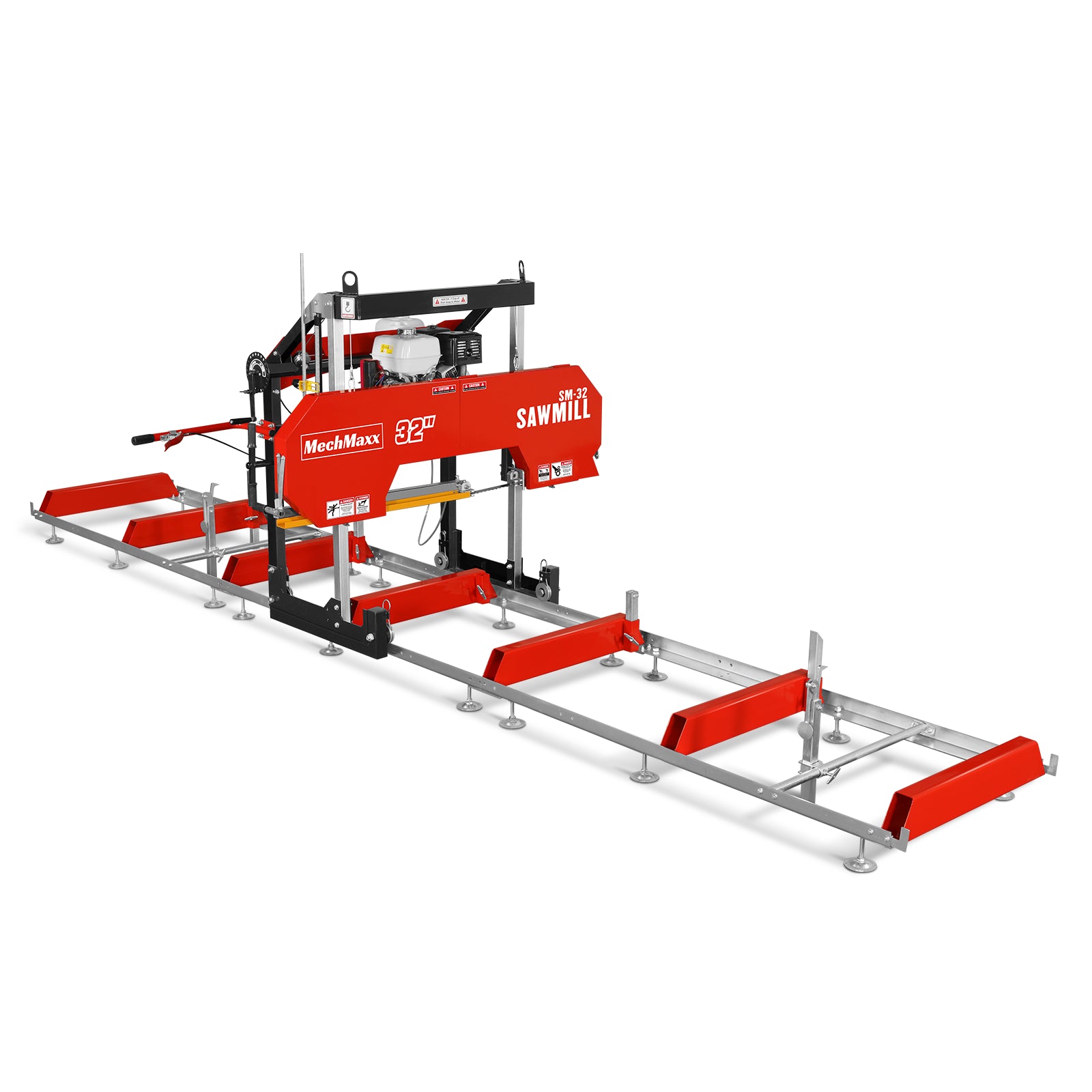 32" Portable Sawmill (5 x Blades Included), HONDA GX390 389cc E-Start Gasoline Engine, 26.5" Board Width, 20' Track Length (13' Track Length + 6.4' Track Extension Included) , SM-32