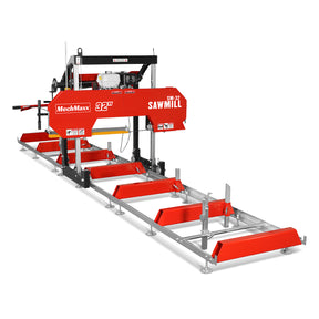 32" Portable Sawmill (5 x Blades Included), HONDA GX390 389cc E-Start Gasoline Engine, 26.5" Board Width, 20' Track Length (13' Track Length + 6.4' Track Extension Included) , SM-32