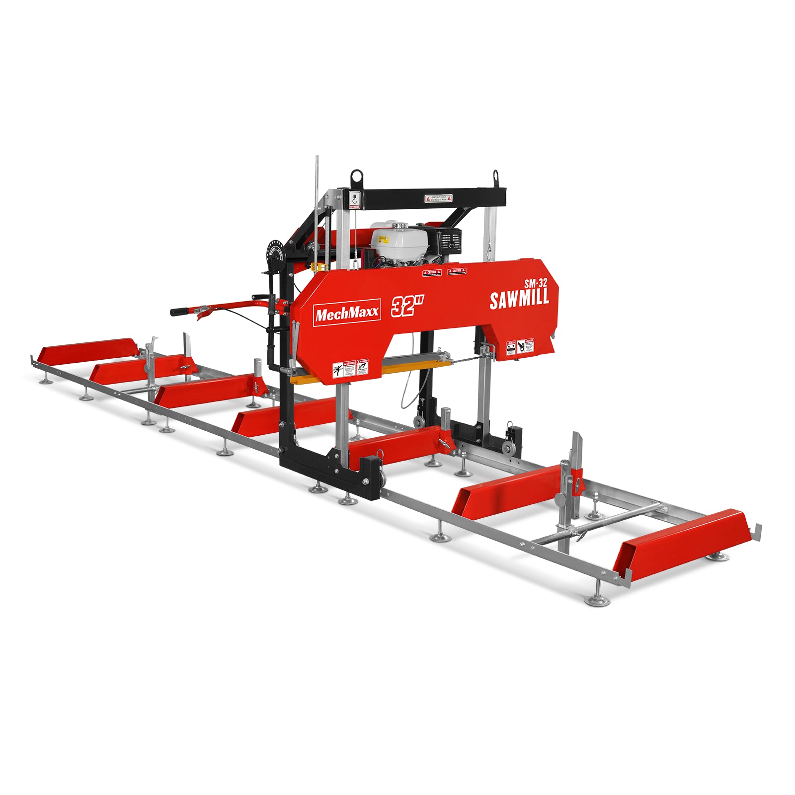 32" Portable Sawmill (5 x Blades Included), HONDA GX390 389cc E-Start Gasoline Engine, 26.5" Board Width, 20' Track Length (13' Track Length + 6.4' Track Extension Included) , SM-32