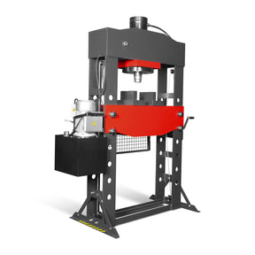 100 Ton H-Frame Electric Hydraulic Shop Press with Hand Winch,  110V Motor,  Fully Welded Steel Frame,  Safety Guard,  Foot Pedal Control,  HSP100E
