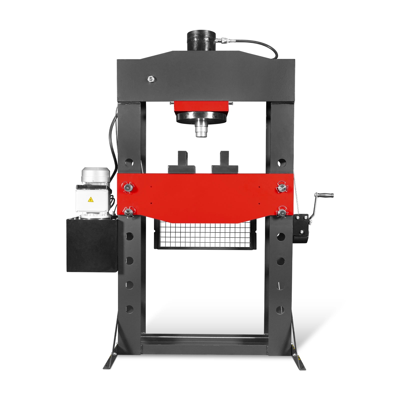 100 Ton H-Frame Electric Hydraulic Shop Press with Hand Winch,  110V Motor,  Fully Welded Steel Frame,  Safety Guard,  Foot Pedal Control,  HSP100E