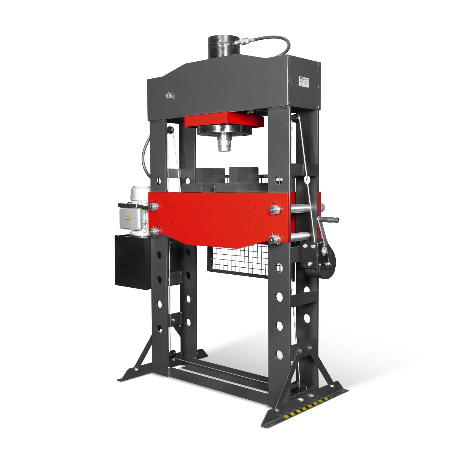 100 Ton H-Frame Electric Hydraulic Shop Press with Hand Winch,  110V Motor,  Fully Welded Steel Frame,  Safety Guard,  Foot Pedal Control,  HSP100E