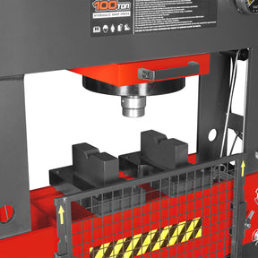 100 Ton H-Frame Electric Hydraulic Shop Press with Hand Winch,  110V Motor,  Fully Welded Steel Frame,  Safety Guard,  Foot Pedal Control,  HSP100E