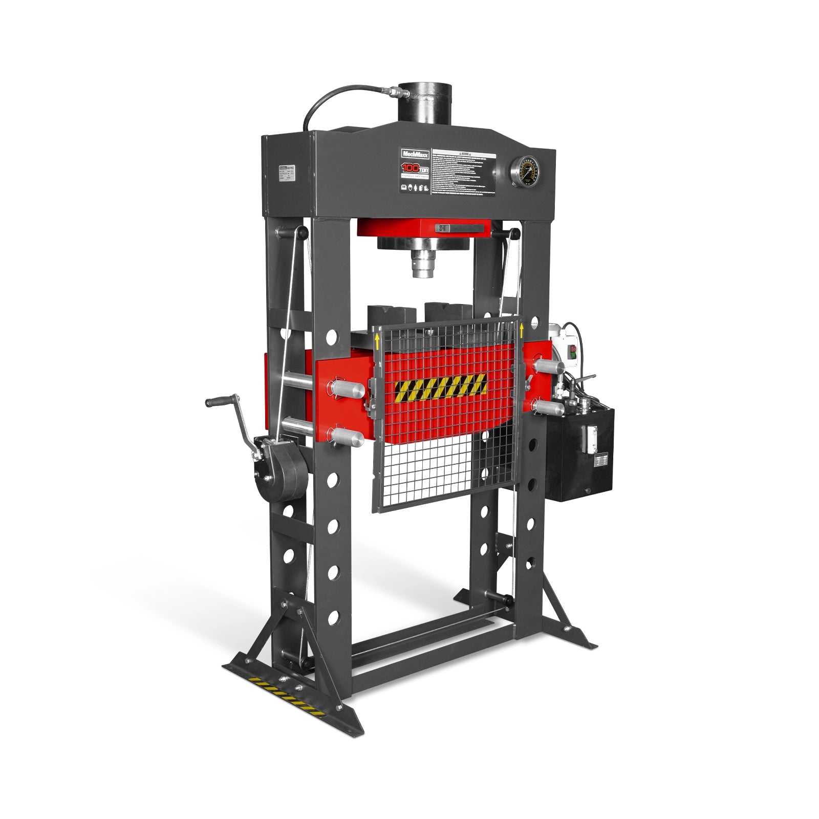 100 Ton H-Frame Electric Hydraulic Shop Press with Hand Winch,  110V Motor,  Fully Welded Steel Frame,  Safety Guard,  Foot Pedal Control,  HSP100E
