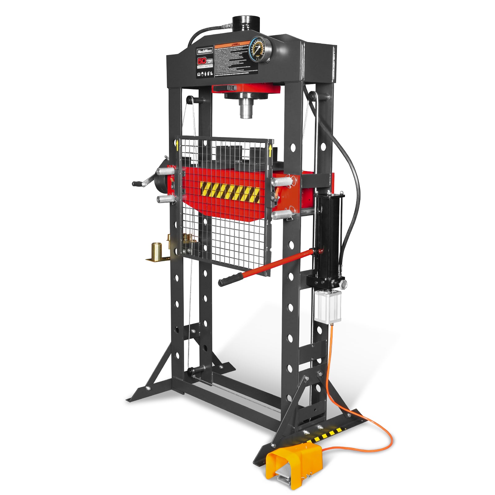 50 Ton H-Frame Air/Hydraulic Shop Press with Hand Winch & Press Pin Kit,  Fully Welded Steel Frame,  Safety Guard,  Foot Pedal Control,  HSP50