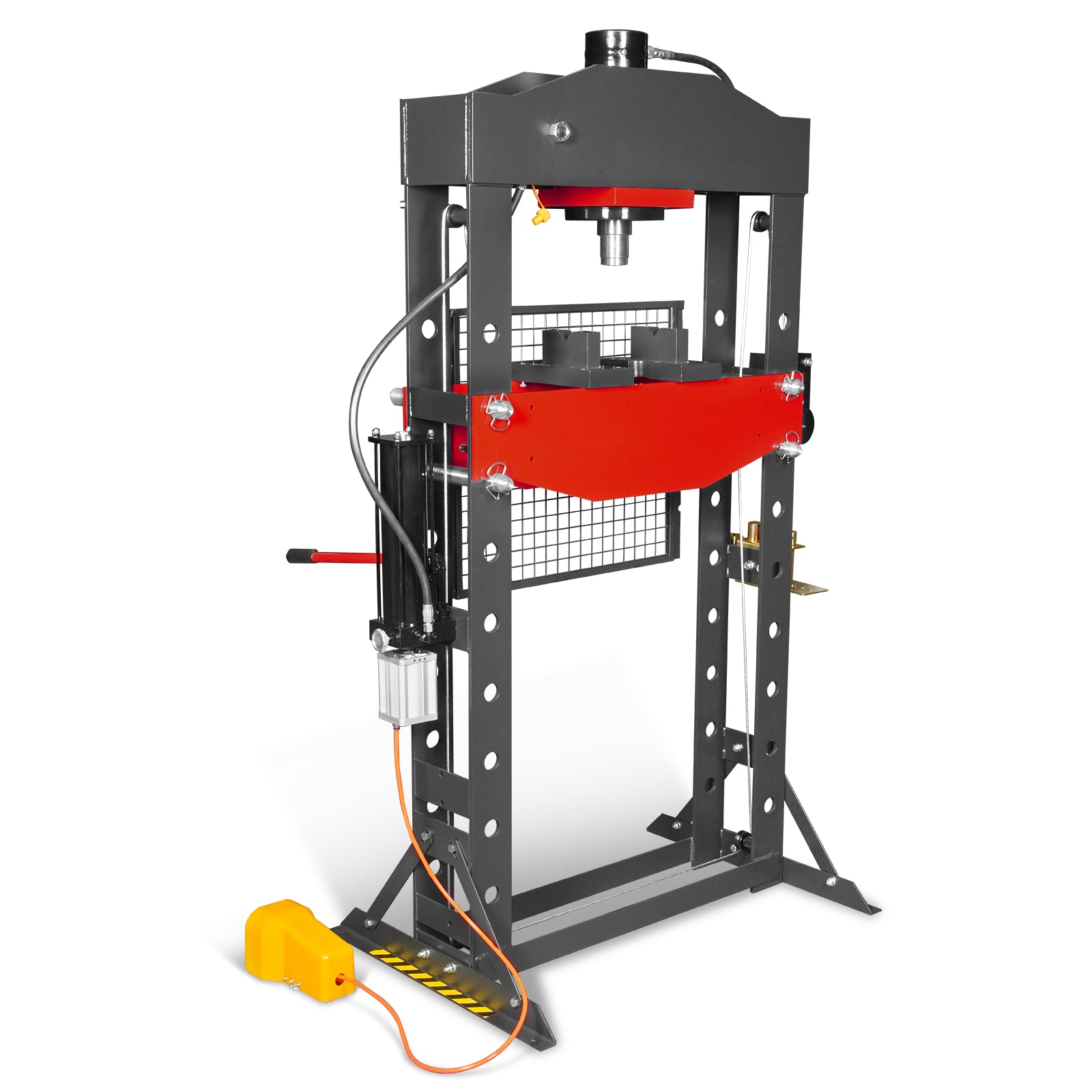 50 Ton H-Frame Air/Hydraulic Shop Press with Hand Winch & Press Pin Kit,  Fully Welded Steel Frame,  Safety Guard,  Foot Pedal Control,  HSP50