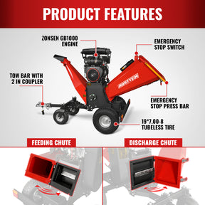 8 inch ZONSEN E-Start 1000cc 35hp Gas Powered 4 - Wheel Drum Wood Chipper with Taillight , B200