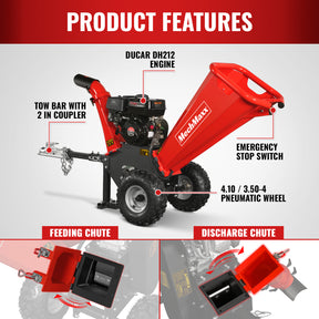 4 inch DUCAR 212cc 7hp Gas Engine Powered Wood Chipper with Towbar, GS650