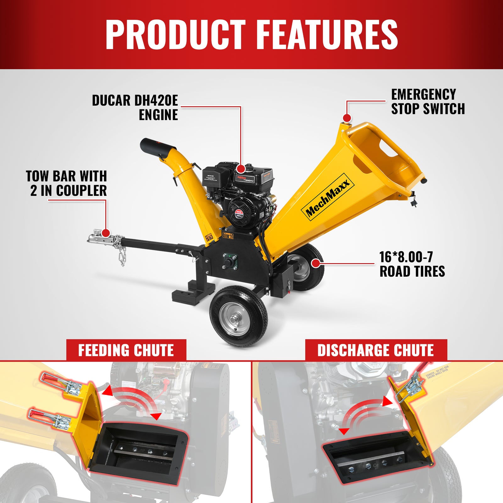 5 inch E-start DUCAR 420cc Gasoline Engine Powered Wood Chipper, GS1500