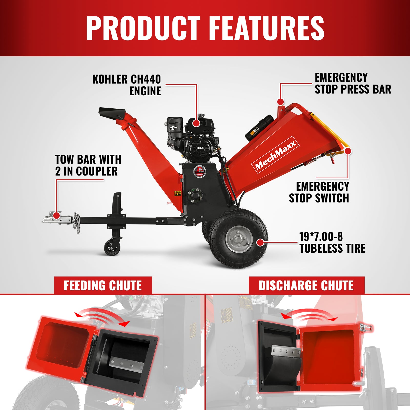 6 inch KOHLER E-Start 429cc 14HP Gasoline Engine Powered Drum Wood Chipper , P4206