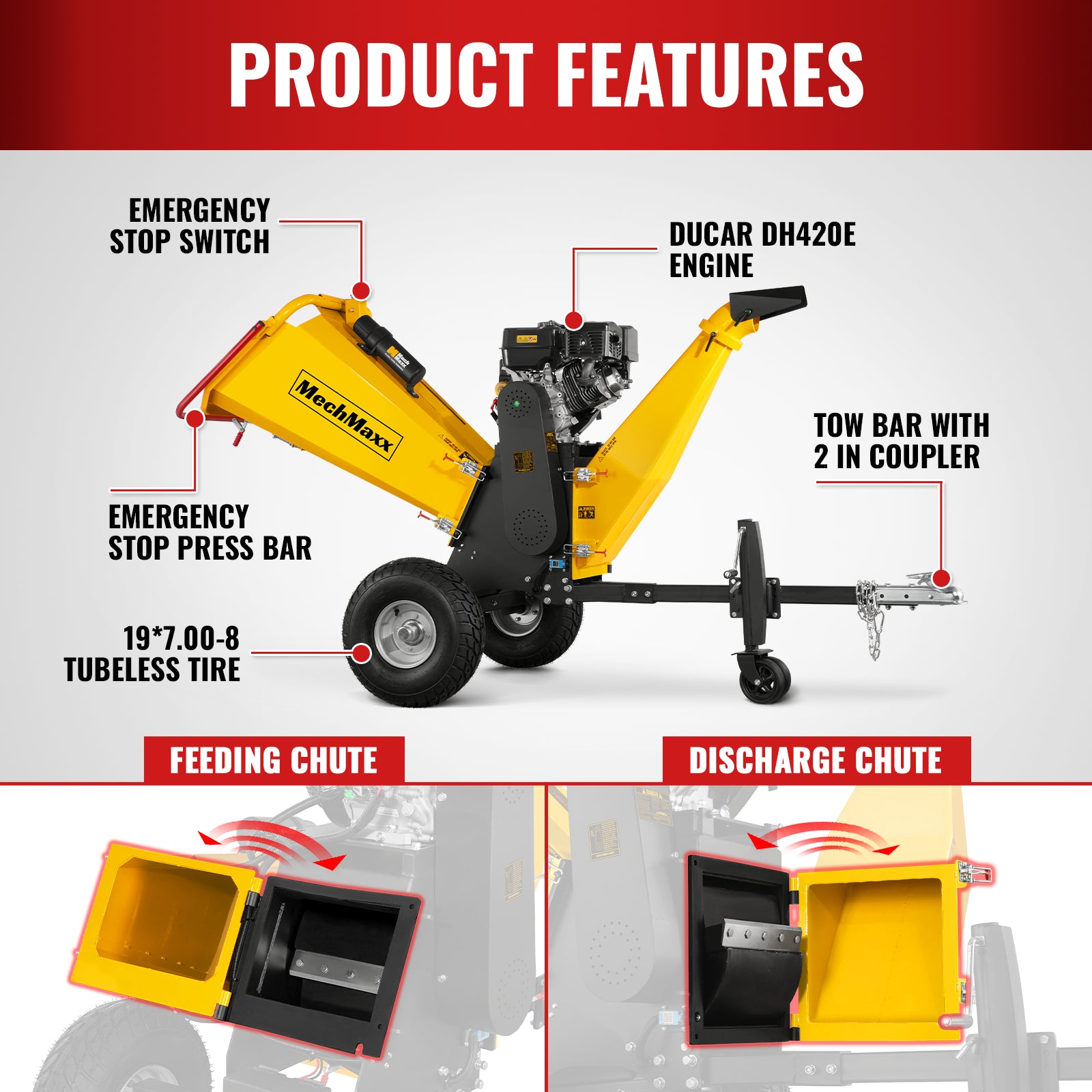 6 inch E-start DUCAR 420cc 15hp Gasoline Engine Powered Drum Wood Chipper, P4206