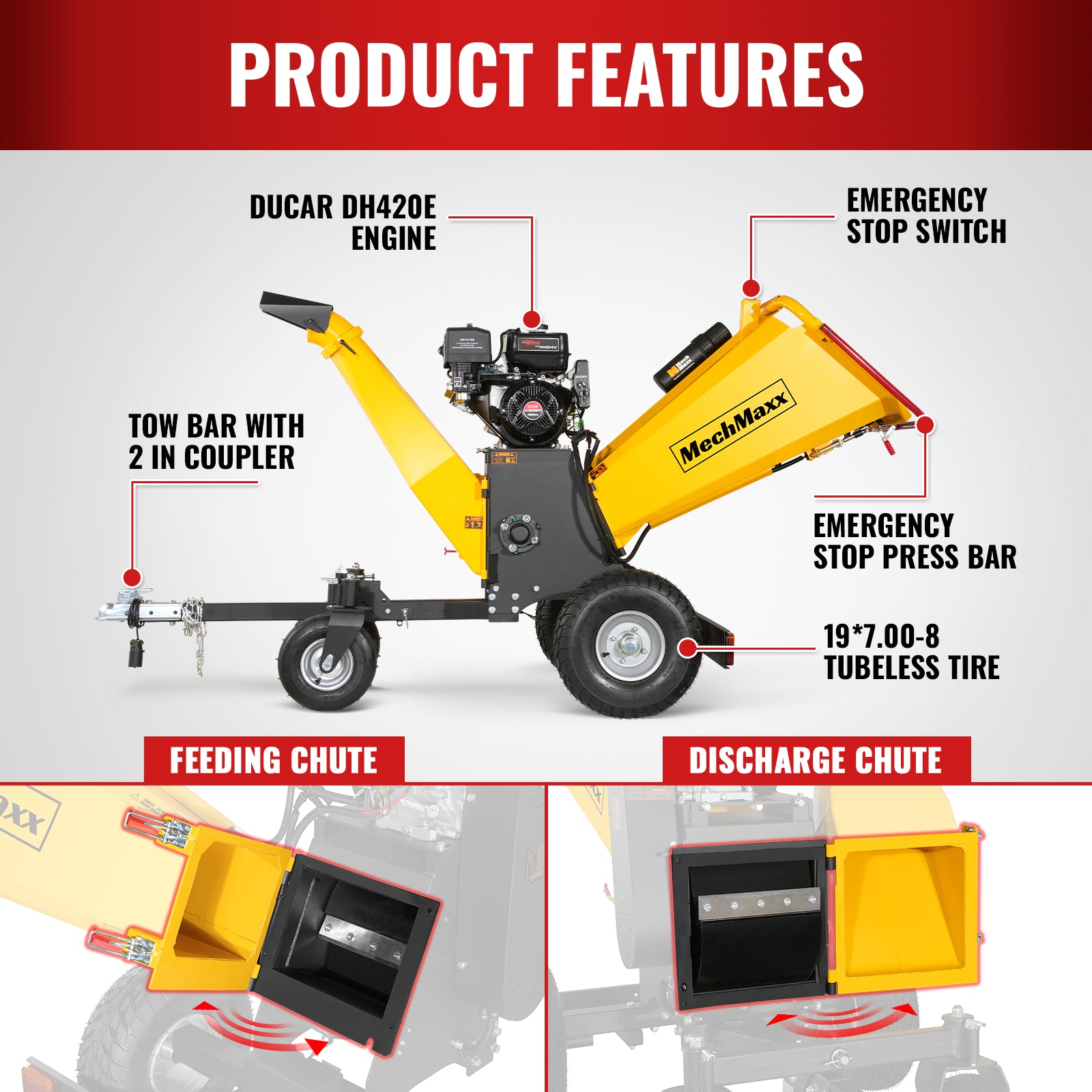 6 inch E-start DUCAR 420cc 15hp Gas Powered 4 - Wheel Drum Wood Chipper with Taillight , B150