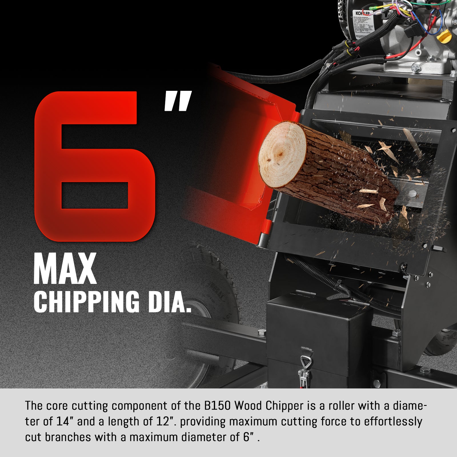 6 inch KOHLER E-Start 429cc 14HP Gas Powered 4 - Wheel Drum Wood Chipper with Taillight , B150
