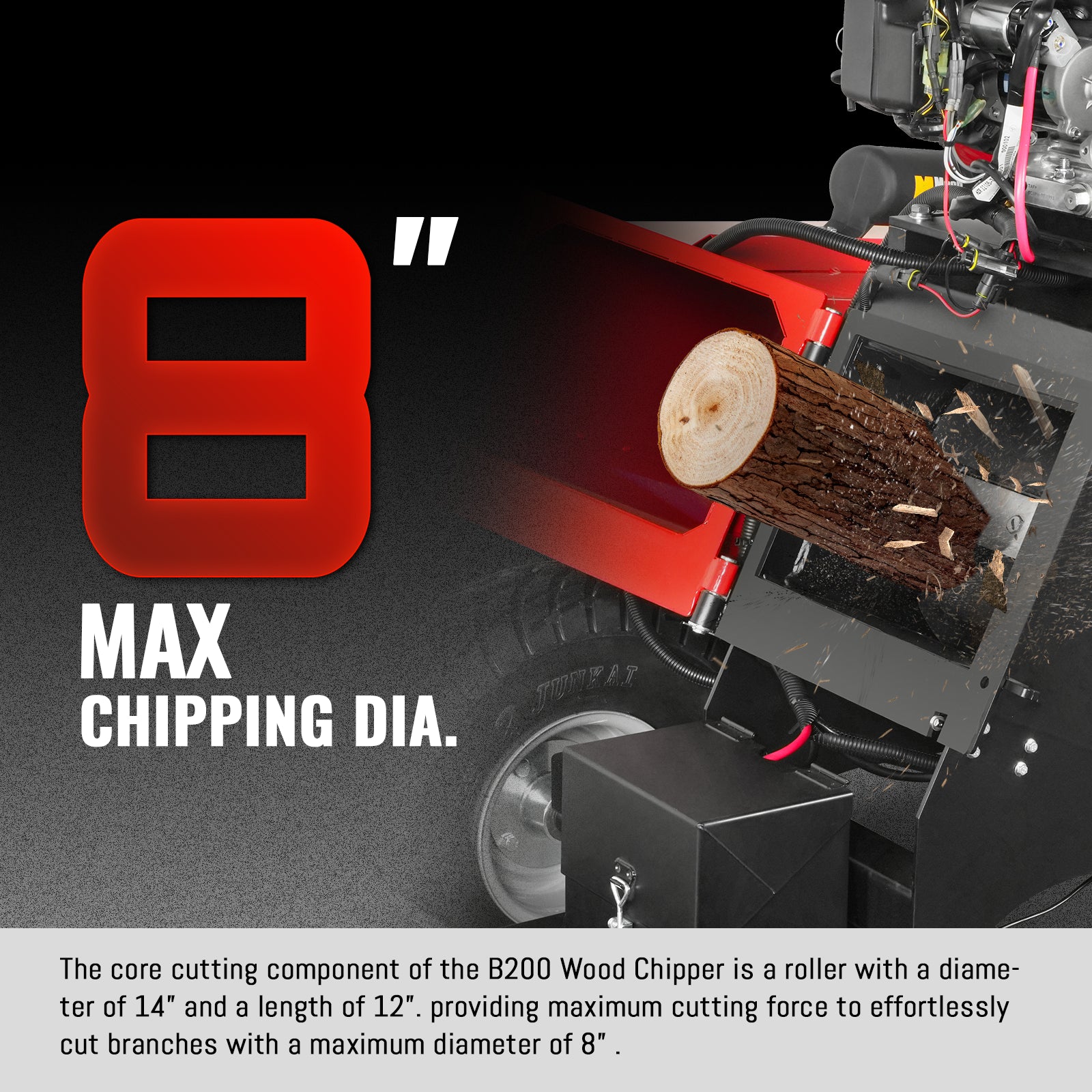 8 inch HONDA E-Start 688cc 22hp Gas Powered 4 - Wheel Drum Wood Chipper with Taillight , B200