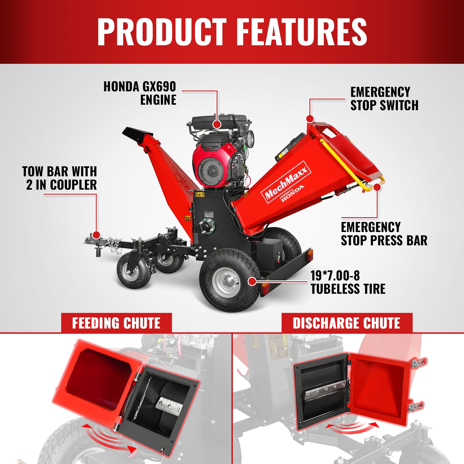 8 inch HONDA E-Start 688cc 22hp Gas Powered 4 - Wheel Drum Wood Chipper with Taillight , B200